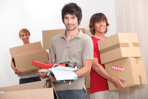 Packed office items ready for relocation in a South Kensington commercial property